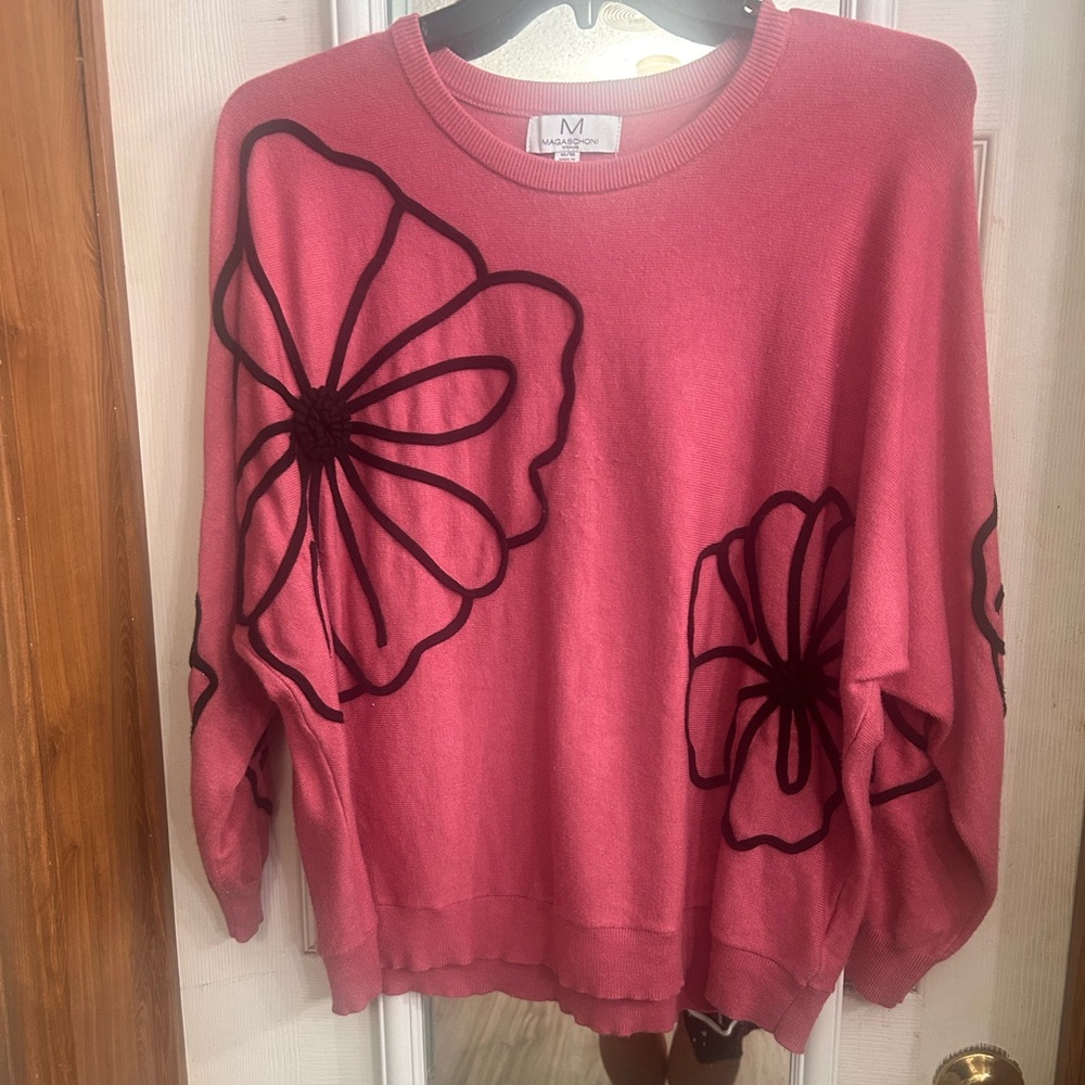Magaschoni Pink Crewneck Sweater with Black Floral Outline